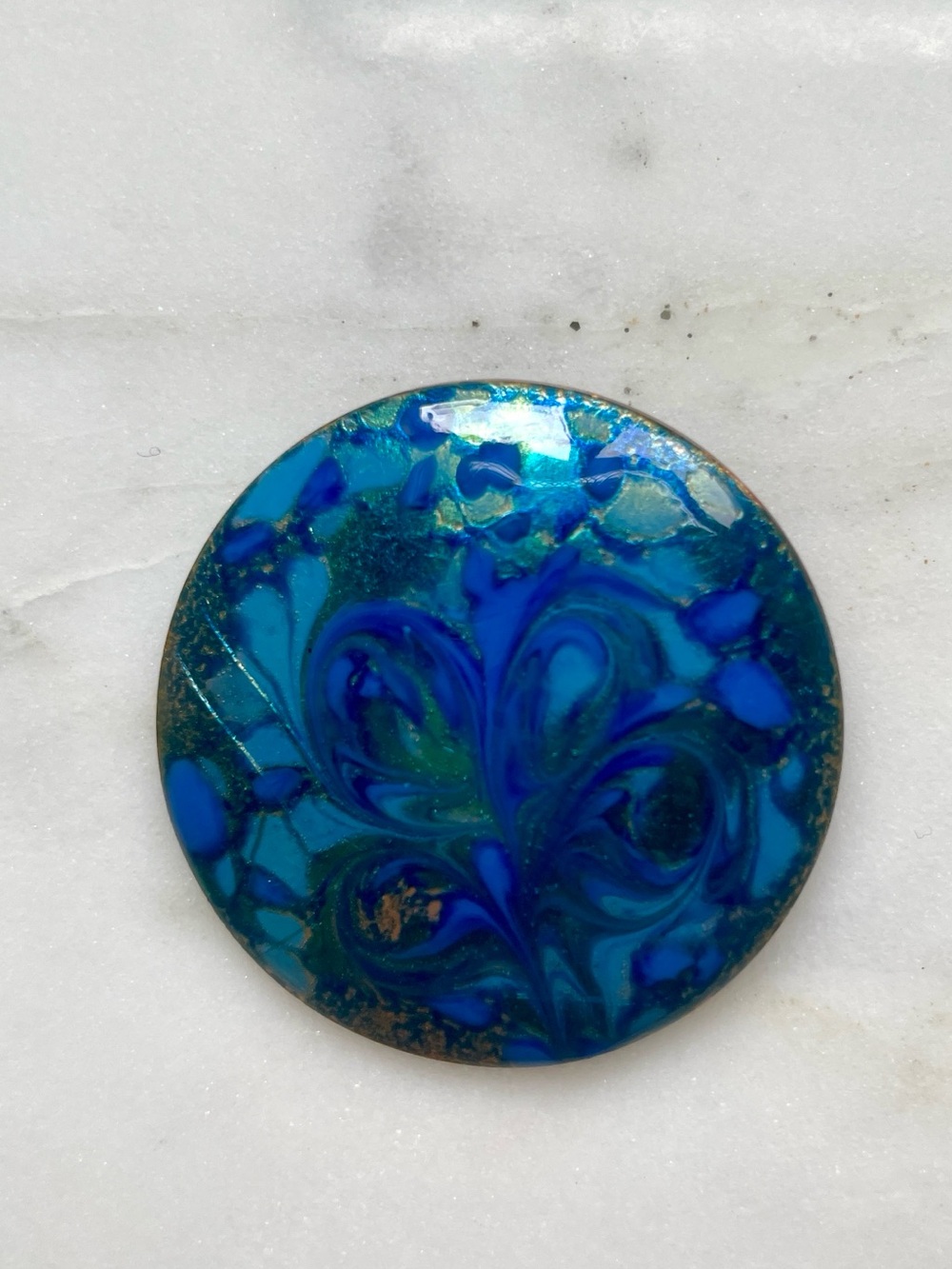 Vintage Inga copper enamel brooch in Blue & Teal